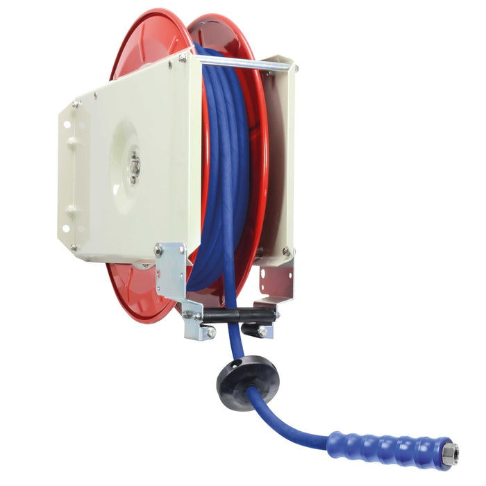 Schlauchaufroller 20 M. 3/8"IG : DKR 3/8" Stahl-PU Schlauch 2SC DN08 400 bar blau gewickelte Decke