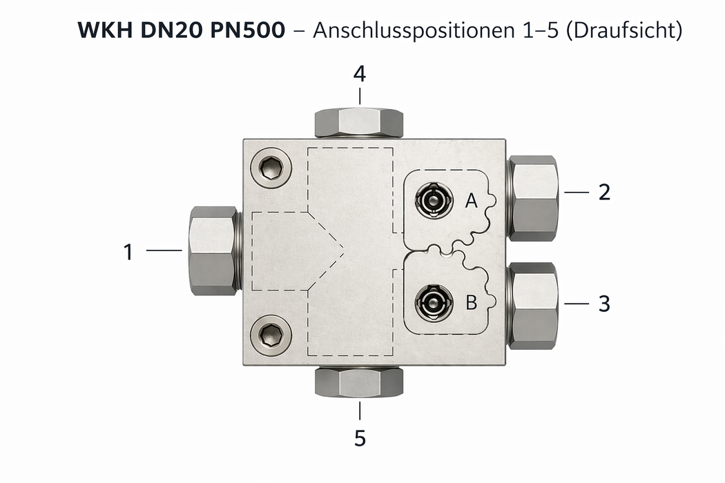 WKH DN20 Umschalthahn PN400 G3/4 IG – Standardausführung (3 Eingänge, 2x Verschlussschraube)