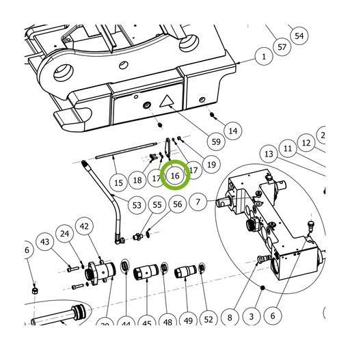 OilQuick Sichtstangenhalter – Position 16 in Ersatzteilzeichnung OQ 70/55 - Schnellwechsler mit Sicherungsring gesicherten Schnellkupplungen (Ausschnitt), Art.-Nr. 4110669