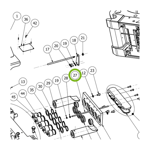 OilQuick Öffnungsstange – Position 27 in Ersatzteilzeichnung OQ 65 - Schnellwechsler mit Sicherungsring gesicherten Schnellkupplungen (Ausschnitt), Art.-Nr. 4114642