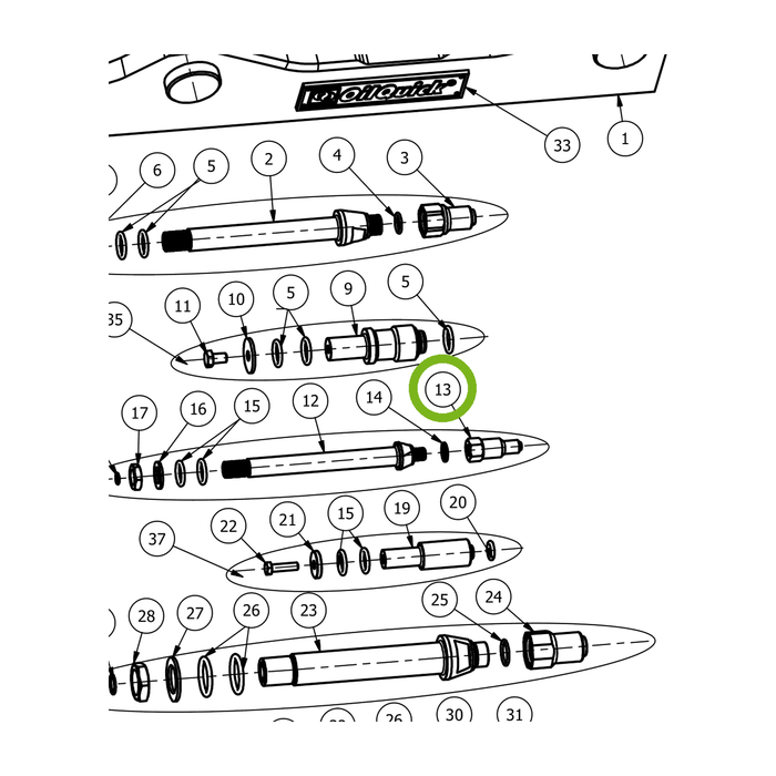 OilQuick Schnellkupplung, Stecker 1/4" – Position 13 in Ersatzteilzeichnung OQ 60-5 - Geräterahmen für hydraulische Geräte (lange Schotten) (Ausschnitt), Art.-Nr. 4114925