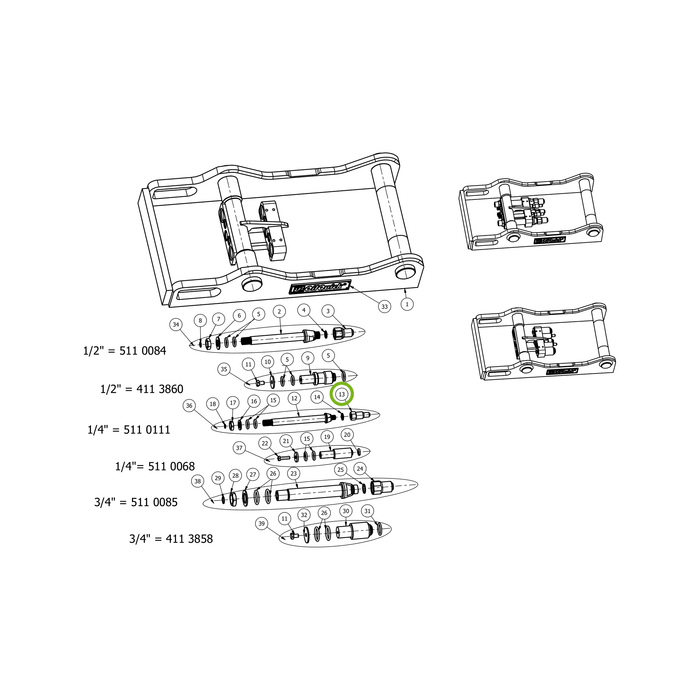 OilQuick Schnellkupplung, Stecker 1/4" – Position 13 in Ersatzteilzeichnung OQ 60-5 - Geräterahmen für hydraulische Geräte (lange Schotten) (Gesamtansicht), Art.-Nr. 4114925