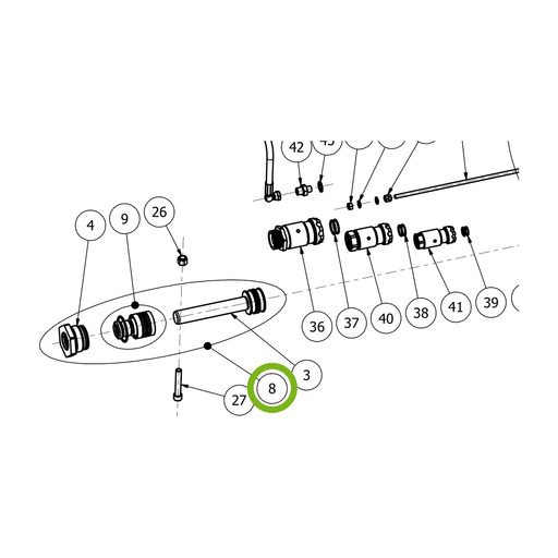 OilQuick Kolbenstange komplett – Position 8 in Ersatzteilzeichnung OQ 80 - Schnellwechsler mit Nasenmutter gesicherten Schnellkupplungen (Ausschnitt), Art.-Nr. 4115265