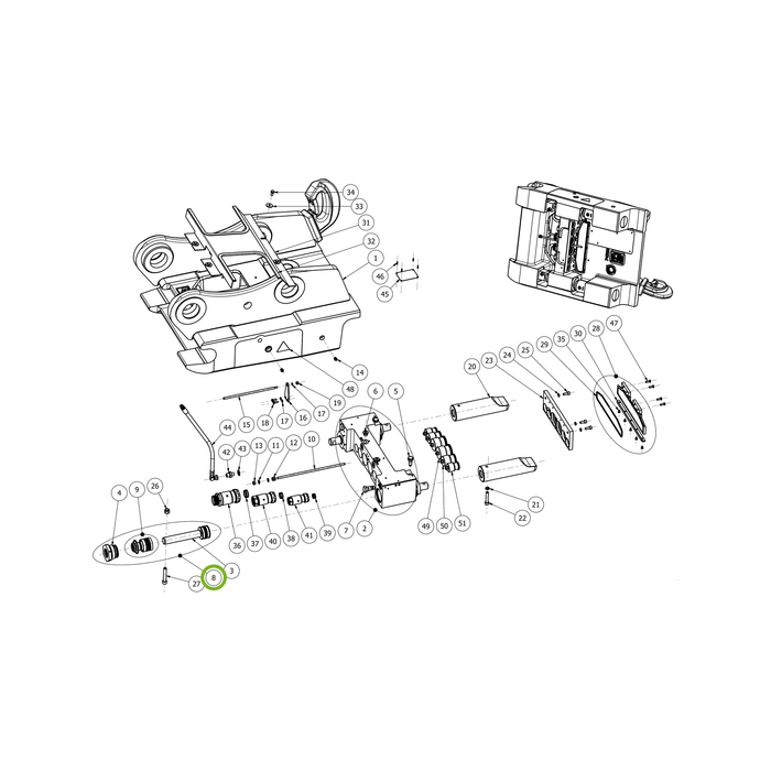 OilQuick Kolbenstange komplett – Position 8 in Ersatzteilzeichnung OQ 80 - Schnellwechsler mit Nasenmutter gesicherten Schnellkupplungen (Gesamtansicht), Art.-Nr. 4115265