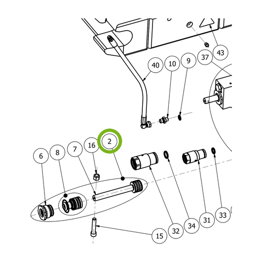 OilQuick Kolbenstange komplett – Position 2 in Ersatzteilzeichnung OQ 65 - Schnellwechsler mit Sicherungsring gesicherten Schnellkupplungen (Ausschnitt), Art.-Nr. 4115583