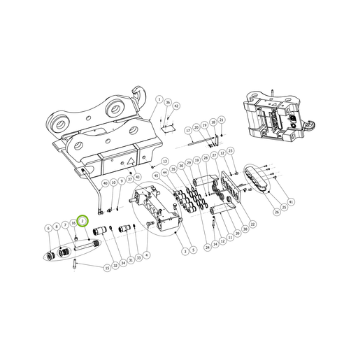 OilQuick Kolbenstange komplett – Position 2 in Ersatzteilzeichnung OQ 65 - Schnellwechsler mit Sicherungsring gesicherten Schnellkupplungen (Gesamtansicht), Art.-Nr. 4115583