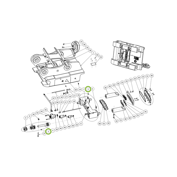 OilQuick H-Zylinder – Position 3 in Ersatzteilzeichnung OQ 80 - Schnellwechsler mit Sicherungsring gesicherten Schnellkupplungen (Gesamtansicht), Art.-Nr. 4115817