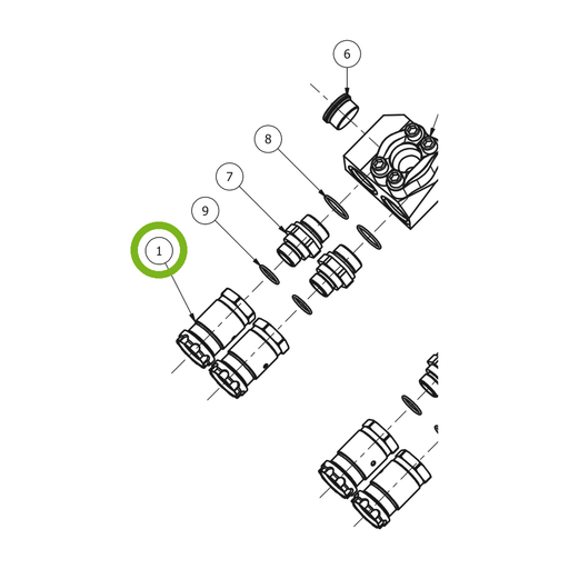 OilQuick Schnellkupplung, Muffe 1" – Position 1 in Ersatzteilzeichnung OQ 90 - Verteilerblock für H-Zylinder (15°) (Ausschnitt), Art.-Nr. 4118454