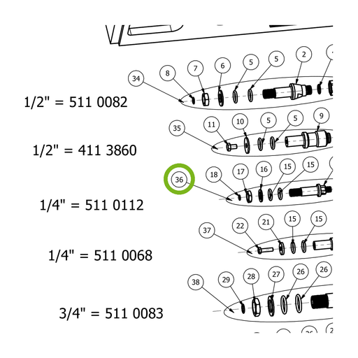 OilQuick Kupplungssatz 1/4" kurz – Position 36 in Ersatzteilzeichnung OQ 60-5 - Geräterahmen für hydraulische Geräte (kurze Schotten) (Ausschnitt), Art.-Nr. 5110112