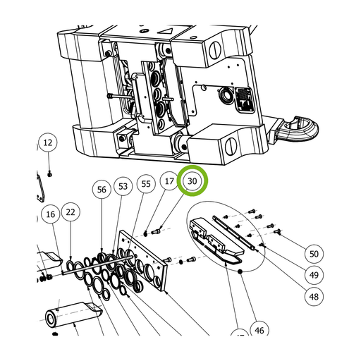 OilQuick Schraube – Position 30 in Ersatzteilzeichnung OQ 70 - Schnellwechsler mit Sicherungsring gesicherten Schnellkupplungen (Ausschnitt), Art.-Nr. 7060079