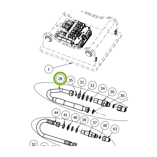 OilQuick Hydraulikschlauch – Position 28 in Ersatzteilzeichnung OQ 90 - Verteilerblock für Adapterplatte (Ausschnitt), Art.-Nr. 7150216