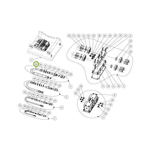 OilQuick Hydraulikschlauch – Position 28 in Ersatzteilzeichnung OQ 90 - Verteilerblock für Adapterplatte (Gesamtansicht), Art.-Nr. 7150216