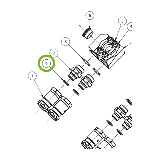 OilQuick O-Ring – Position 9 in Ersatzteilzeichnung OQ 90 - Verteilerblock für H-Zylinder (15°) (Ausschnitt), Art.-Nr. 7160125